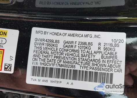 2021 Honda Accord Lx z USA, uszkodzony, nr VIN 1HGCV1F17MA002365